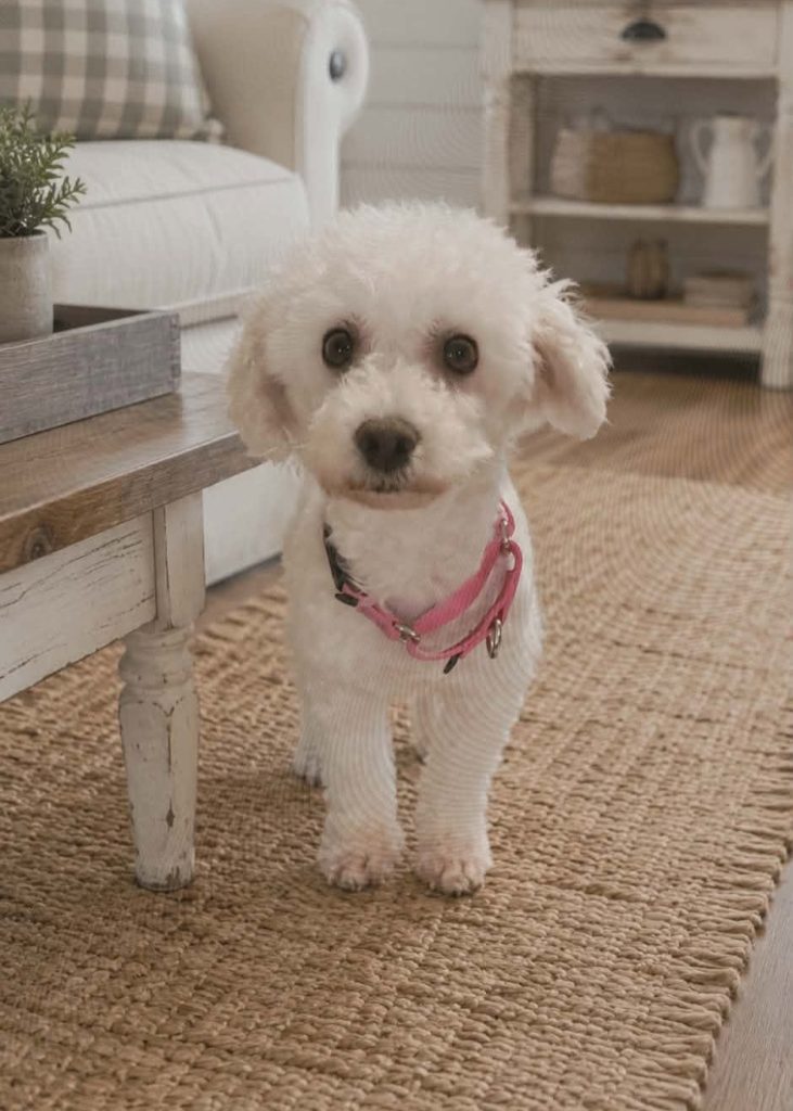 White bichon mix standing on rug. Image generated with AI assistance.