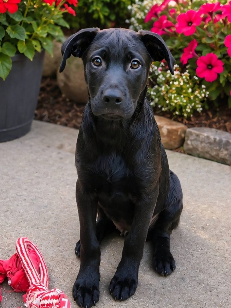 Black puppy sitting in front of flowers.