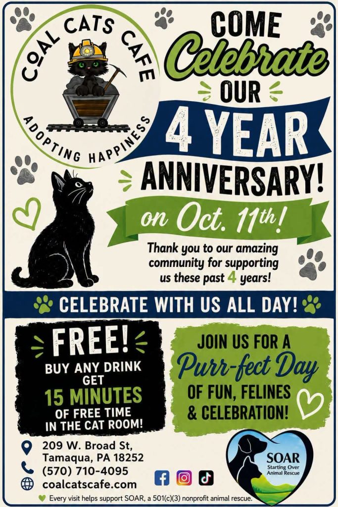 Flyer for Coal Cats Cafe 4 year anniversary.