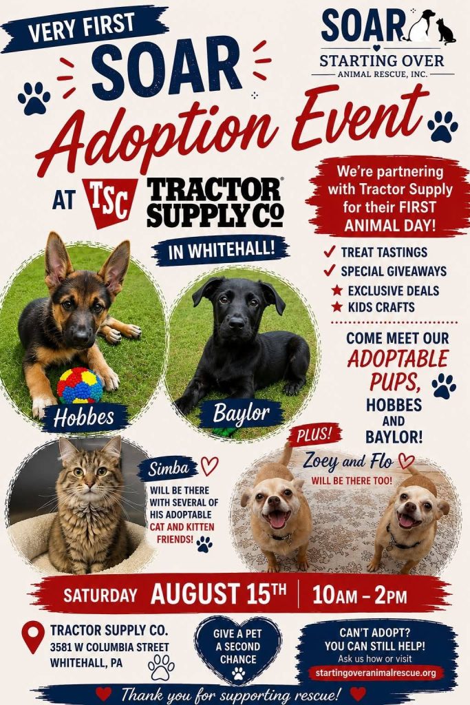 A flyer for SOAR adoption event at Tractor Supply Co.