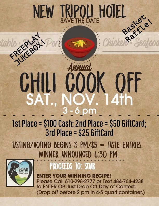 Flyer for 2026 Chili Cook Off at New Tripoli Hotel.
